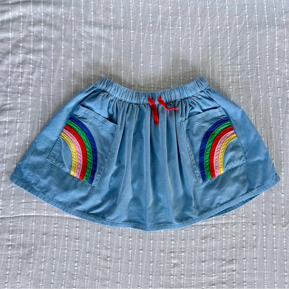 Mini Boden Corduroy Rainbow Appliqué Blue Skirt, Girl size 5/6